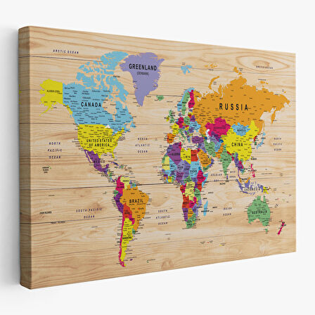 Harita Sepeti Ahşap Görünümlü Dünya Haritası Ayrıntılı ve Dekoratif Kanvas Tablo 1790