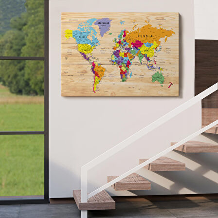 Harita Sepeti Ahşap Görünümlü Dünya Haritası Ayrıntılı ve Dekoratif Kanvas Tablo 1790