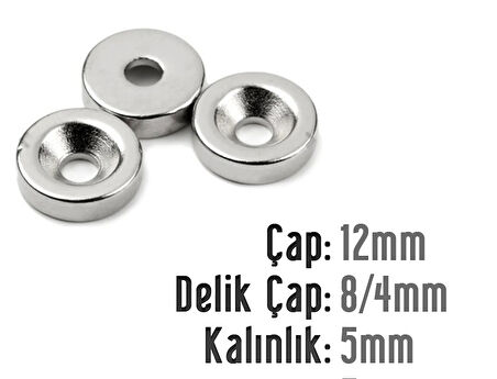 Neodyum Mıknatıs Yuvarlak Havşalı Çap 12mm (delik 8/4mm) Kalıklık 5mm 3 Adet