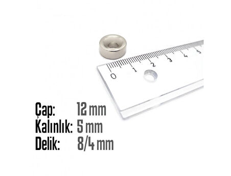 Neodyum Mıknatıs Yuvarlak Havşalı Çap 12mm (delik 8/4mm) Kalıklık 5mm 3 Adet