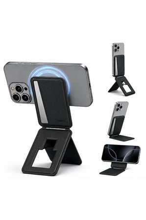 MagSafe Cüzdan Kartlık Güçlü Manyetik 360° Döner Standlı Telefon Kartlığı iPhone Uyumlu Deri Cüzdan Siyah