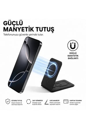 MagSafe Cüzdan Kartlık Güçlü Manyetik 360° Döner Standlı Telefon Kartlığı iPhone Uyumlu Deri Cüzdan Siyah