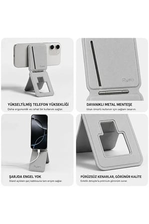MagSafe Cüzdan Kartlık Güçlü Manyetik 360° Döner Standlı Telefon Kartlığı iPhone Uyumlu Deri Cüzdan Gri
