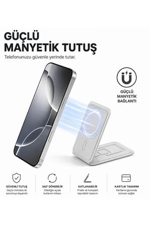 MagSafe Cüzdan Kartlık Güçlü Manyetik 360° Döner Standlı Telefon Kartlığı iPhone Uyumlu Deri Cüzdan Gri