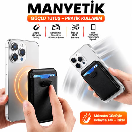 MagSafe Cüzdan Kartlık Güçlü Manyetik Standlı Telefon Kartlığı iPhone Uyumlu Deri Cüzdan Siyah
