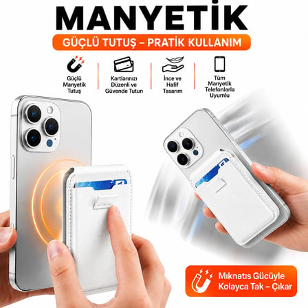 MagSafe Cüzdan Kartlık Güçlü Manyetik Standlı Telefon Kartlığı iPhone Uyumlu Deri Cüzdan Beyaz