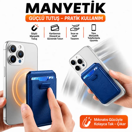 MagSafe Cüzdan Kartlık Güçlü Manyetik Standlı Telefon Kartlığı iPhone Uyumlu Deri Cüzdan Mavi