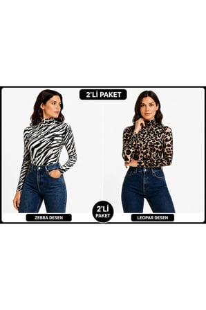 body desenli balıkçı yaka uzun kol örme kumaş viskon kadın body zebra ve leopar desen 2li paket