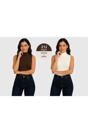 Body Yarım Yaka Kolsuz Viskon örme kumaş Body siyah beyaz 2 li paket