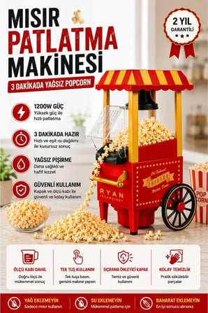 Retro Mısır Patlatma Makinesi – Yağsız Sıcak Hava Popcorn Makinesi, Ev Tipi Nostaljik Tasarım