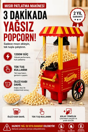 Retro Mısır Patlatma Makinesi – Yağsız Sıcak Hava Popcorn Makinesi, Ev Tipi Nostaljik Tasarım