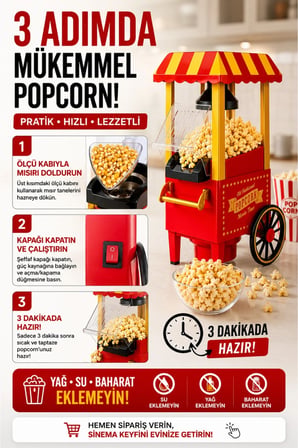 Retro Mısır Patlatma Makinesi – Yağsız Sıcak Hava Popcorn Makinesi, Ev Tipi Nostaljik Tasarım