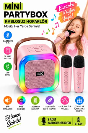 Blic BLS-97 PartyBox Çift Kablosuz Mikrofonlu RGB LED Işıklı Taşınabilir Bluetooth Karaoke Hoparlör –Pembe