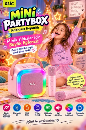 Blic BLS-97 PartyBox Çift Kablosuz Mikrofonlu RGB LED Işıklı Taşınabilir Bluetooth Karaoke Hoparlör –Pembe