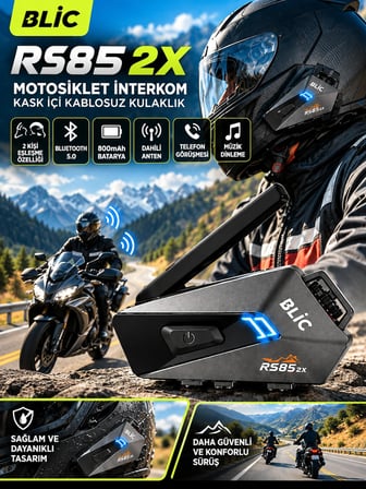 Blic RS85 2X Tekli Motosiklet İnterkom – 2 Kişi Eşleşme Özellikli, Bluetooth 5.0, 800 mAh Batarya, Kask İçi Kulaklık