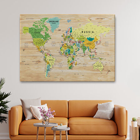 Harita Sepeti Ahşap Görünümlü Dünya Haritası Ayrıntılı ve Dekoratif Kanvas Tablo 1791