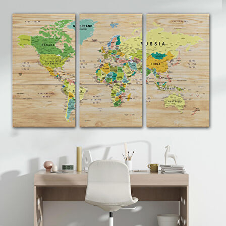 Harita Sepeti Ahşap Görünümlü Dünya Haritası Ayrıntılı ve Dekoratif Kanvas Tablo 1791