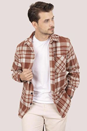 Açık Kiremit Beyaz Çizgili Oversize Kalın Oduncu Gömlek