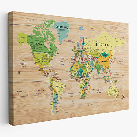 Harita Sepeti Ahşap Görünümlü Dünya Haritası Ayrıntılı ve Dekoratif Kanvas Tablo 1791