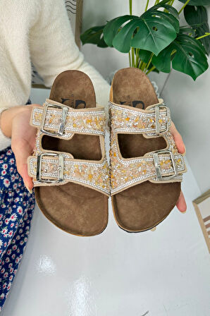 Günlük Kadın Terlik Çift Tokalı Çakıl Taşlı Oval Burunlu Anatomik Mantar Taban Alçak Topuklu 1792