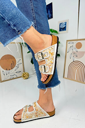 Günlük Kadın Terlik Çift Tokalı Çakıl Taşlı Oval Burunlu Anatomik Mantar Taban Alçak Topuklu 1792