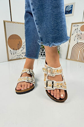 Günlük Kadın Terlik Çift Tokalı Çakıl Taşlı Oval Burunlu Anatomik Mantar Taban Alçak Topuklu 1792