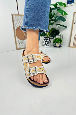 Günlük Kadın Terlik Çift Tokalı Çakıl Taşlı Oval Burunlu Anatomik Mantar Taban Alçak Topuklu 1792