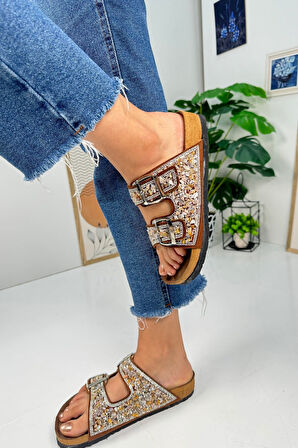 Günlük Kadın Terlik Çift Tokalı Çakıl Taşlı Oval Burunlu Anatomik Mantar Taban Alçak Topuklu 1792