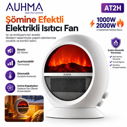 Auhma AT2H Şömine Efektli Elektrikli Isıtıcı Fan 2000W – 2 Kademeli, Sessiz DC Motor, Termostatlı, Devrilme Korumalı