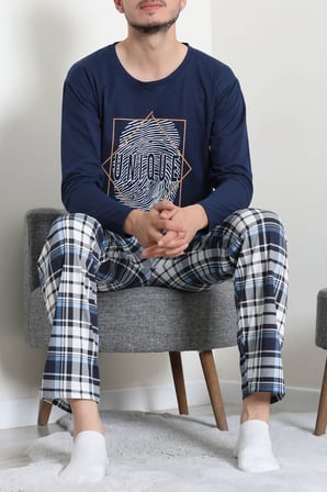 Modi Green Süprem Ekoseli Uzun Kollu Erkek Pijama Takımı İndigo - 75258.1838.