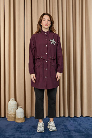 Puane Taş Detaylı Paraşüt Kumaş Trenç Gömlek