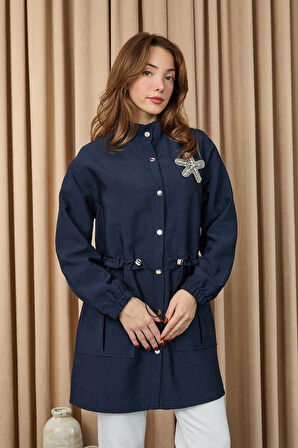 Puane Taş Detaylı Paraşüt Kumaş Trenç Gömlek