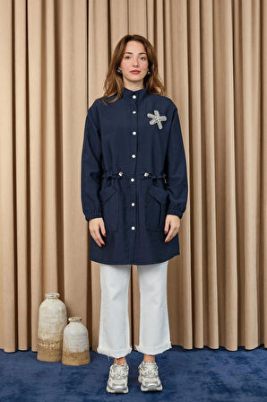 Puane Taş Detaylı Paraşüt Kumaş Trenç Gömlek