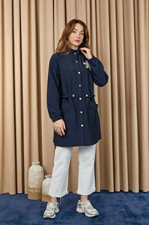 Puane Taş Detaylı Paraşüt Kumaş Trenç Gömlek