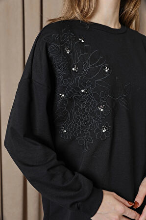 Puane 2 İp Kumaş Taş ve Nakışlı Detaylı Sweatshirt