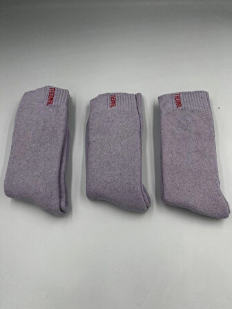 3 Çift Lila Termal Yünlü Havlu Çorap -30 Dereceye Dayanıklı Koku Yapmaz Sıcak Tutar