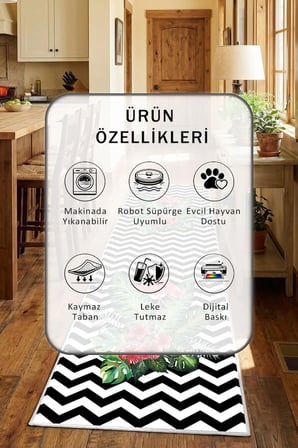 Zigzag Flamingo2 Göbek Beyaz Yıkanabilir Kaymaz Taban Dijital Baskılı Mutfak Halısı