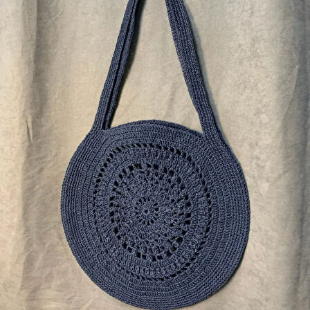 Uretti - Yıldız 7202 El Örgüsü Kağıt İp Hasır Çanta - Lacivert