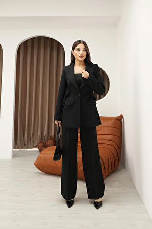 Kadın Siyah Yandan Kuşaklı Blazer Ceket Pantolon Takım