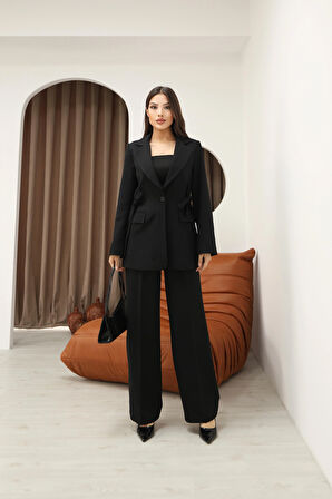 Kadın Siyah Yandan Kuşaklı Blazer Ceket Pantolon Takım