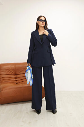 Kadın Lacivert Yandan Kuşaklı Blazer Ceket Pantolon Takım