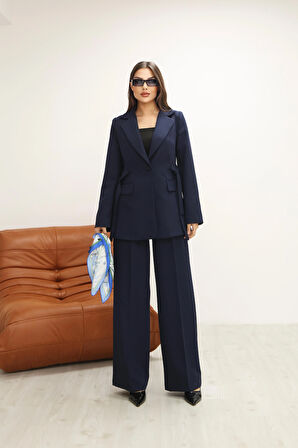 Kadın Lacivert Yandan Kuşaklı Blazer Ceket Pantolon Takım