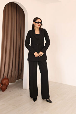 Kadın Siyah Önden Çapraz Kuşaklı Blazer Ceket Pantolon Takım