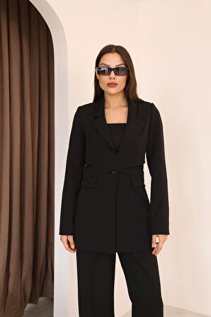 Kadın Siyah Önden Çapraz Kuşaklı Blazer Ceket Pantolon Takım