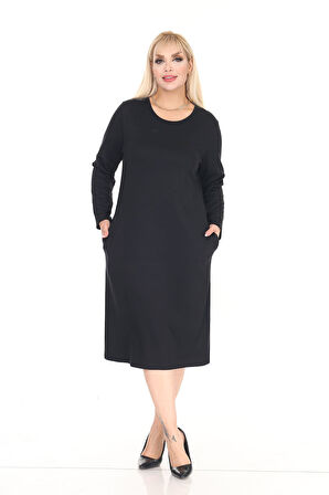 Çift Cepli Desenli Esnek Kışlık Büyük Beden Midi Elbise 17C-2711