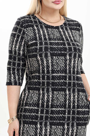 Çift Cepli Desenli Esnek Kışlık Büyük Beden Midi Elbise 17D-2746