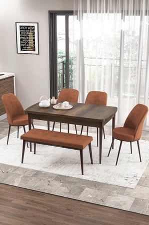Zen Serisi 80x132 Mdf Açılabilir Barok Ahşap Desen Masa Takımı 4 Kiremit Sandalye Ve 1 Bench
