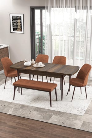 Zen Serisi 80x132 Mdf Açılabilir Barok Ahşap Desen Masa Takımı 4 Kiremit Sandalye Ve 1 Bench
