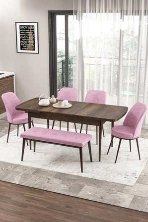Zen Serisi 80x132 Mdf Açılabilir Barok Ahşap Desen Masa Takımı 4 Pembe Sandalye Ve 1 Bench