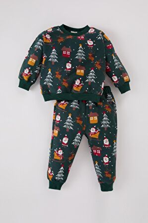DeFacto Erkek Bebek 2'li Takım Yılbaşı Temalı Bisiklet Yaka Sweatshirt Beli Lastikli Eşofman Altı D6730A524WNGN671